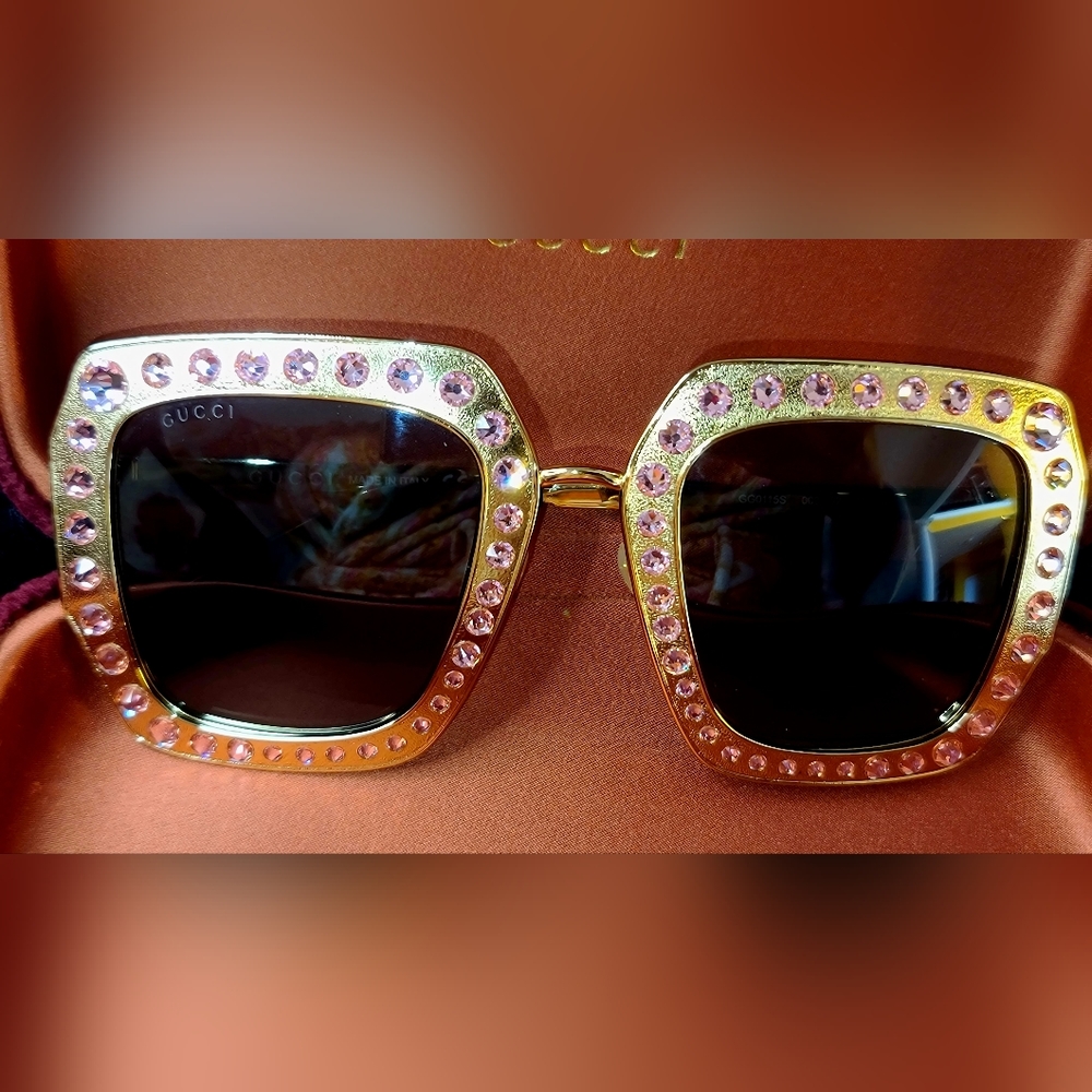 Gucci Rose Gold Metal Pink Crystals Studded Square Women Sunglasses GG0115S